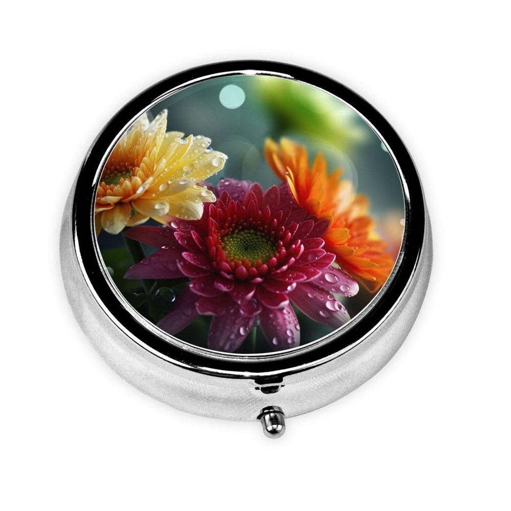 RLDOBOFE Round Pill Box Cute Small Pill Case 3 Compartment Pillbox for Purse Pocket Water Droplets on Flowers Portable Pill Container Holder to Hold Vitamins Medication Fish Oil and Supplements