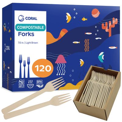 CORAL Light Brown 100% Compostable Forks - 120 Heavy Duty Forks (7.0 inch) - Break Resistant with Smooth Edges, Ocean Friendly Alternative to Plastic Silverware - Biodegradable & Disposable Forks