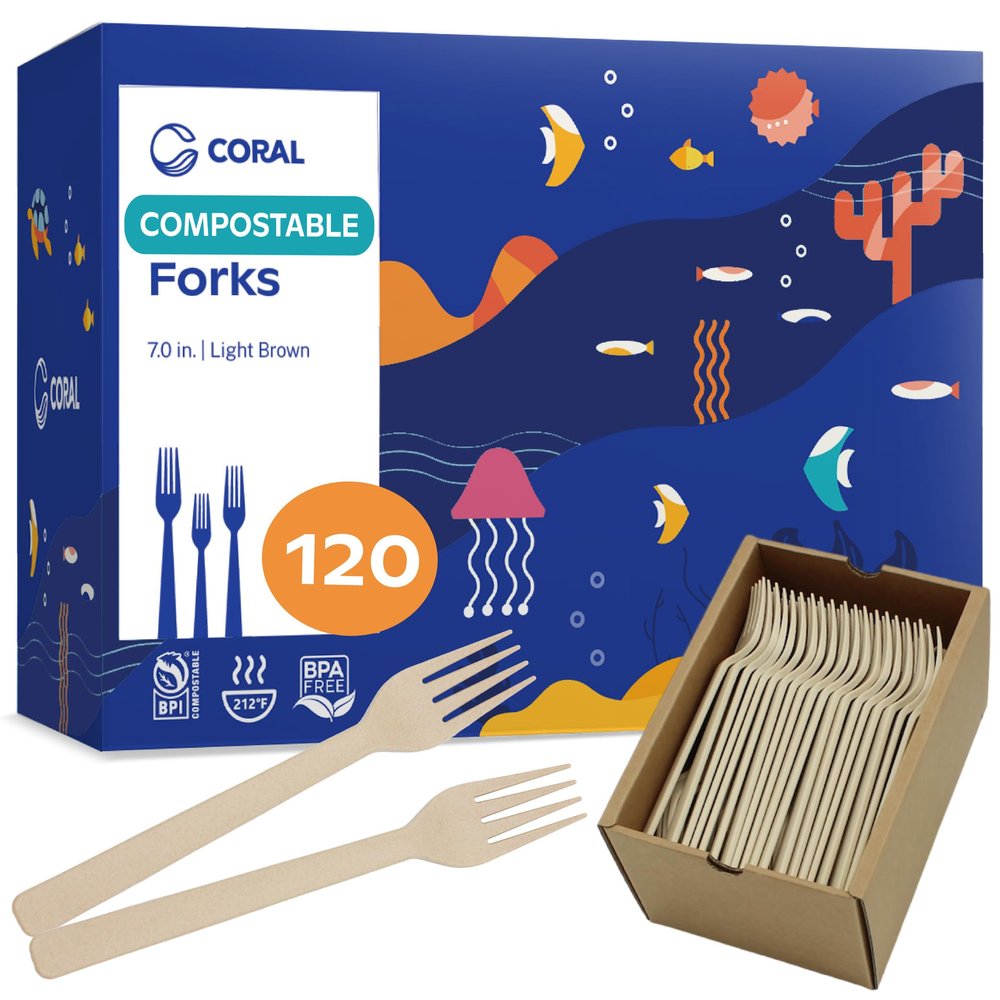 CORAL Light Brown 100% Compostable Forks - 120 Heavy Duty Forks (7.0 inch) - Break Resistant with Smooth Edges, Ocean Friendly Alternative to Plastic Silverware - Biodegradable & Disposable Forks