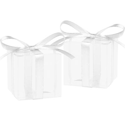 Adecortalk 50 Pcs Clear Favor Boxes, 2x2x2 Inch Plastic Gift Boxes with White Ribbon for Wedding, Baby Showers, Christmas