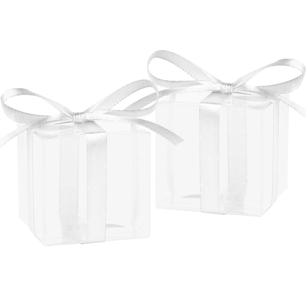 Adecortalk 50 Pcs Clear Favor Boxes, 2x2x2 Inch Plastic Gift Boxes with White Ribbon for Wedding, Baby Showers, Christmas
