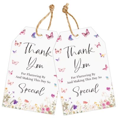 joycraft 50Pcs Wildfloral Thank You Gift Tags, 3.3x2.1 Inch Butterfly White Paper Tags with String, Thank You Party Favor Hangtags for Birthday, Baby Shower, Wedding