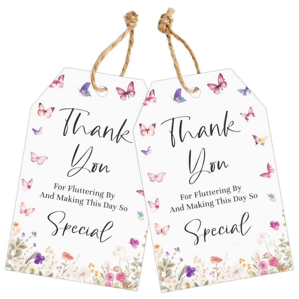 joycraft 50Pcs Wildfloral Thank You Gift Tags, 3.3x2.1 Inch Butterfly White Paper Tags with String, Thank You Party Favor Hangtags for Birthday, Baby Shower, Wedding