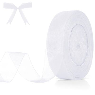 White Ribbon 1 Inch Sheer Organza Ribbon Chiffon Sheer Ribbons 50 Yards Tulle White Ribbons for Gift Wrapping Halloween Christmas Party for Crafts Flower Bouquet Hair Bows Wedding