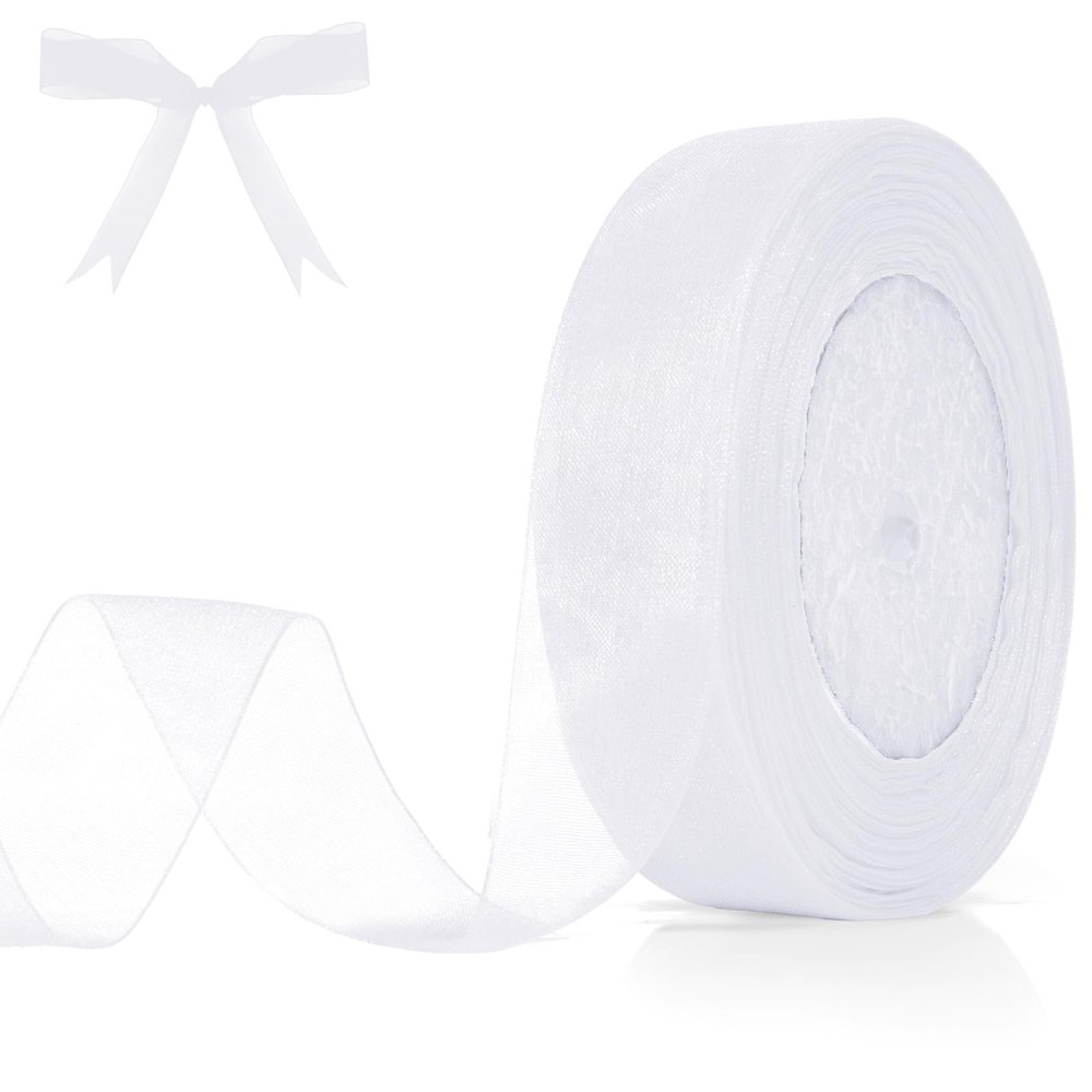 White Ribbon 1 Inch Sheer Organza Ribbon Chiffon Sheer Ribbons 50 Yards Tulle White Ribbons for Gift Wrapping Halloween Christmas Party for Crafts Flower Bouquet Hair Bows Wedding