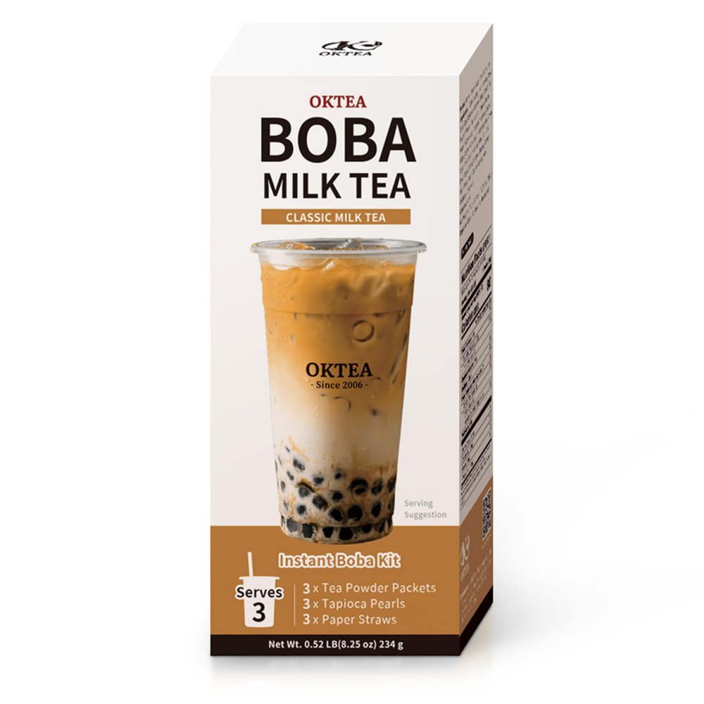 OKTEA Assam Delight Rich & Creamy Style Bubble Pearl Milk Tea Kit Assam Tea Blend, Real Sugar, Preservative-Free Tapioca Balls, Includes Paper Straws 3 Servings