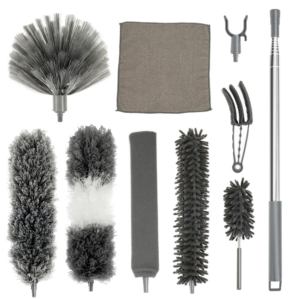 DNAMYJME 10Pcs Feather Duster Set with 94Inch Telescopic Long Handle Multifunctional Cobweb Brush Extendable Gap Duster Cleaner Efficient Ceiling Fan Cleaning Duster for Lights Skirting Board