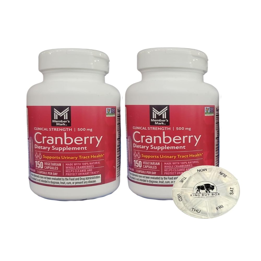 KING BUY BOX Pill Box (Color May Vary) Bundle with Clinical Strength Cranberry Supplement, 500mg, 150 Count. 2PACK Compatible with Members Mark