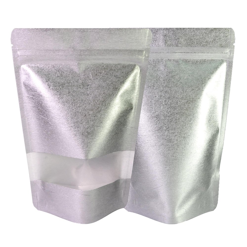 QQ Studio 100 Pcs Heavy Duty Rice Paper Material High Barrier Stand Up Food Storage Bags with Clear Front Window Tear Notch (5.12 inch x 7.87 inch) (Silver)