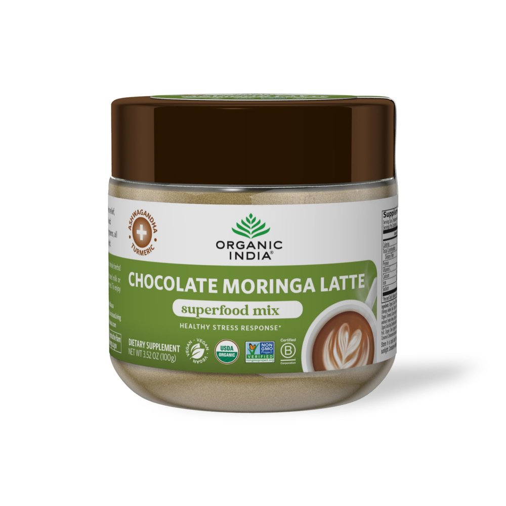 Organic India Chocolate Moringa Latte Powder - Superfood Mix, Moringa Leaf Tea, With Ashwagandha and Turmeric, Dietary Supplement, Stress Support, Rich Cocoa, Caffeine Free - 3.52 Oz