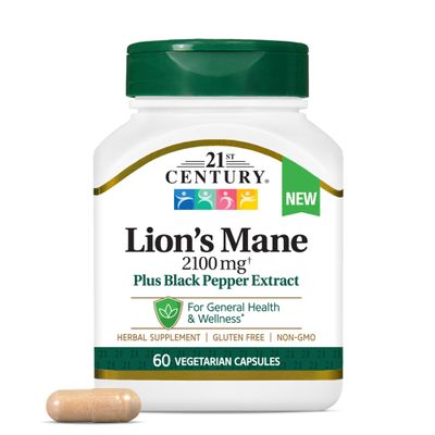 21st Century Lion's Mane 2,100 mg, Plus Black Pepper Extract, Vegetarian Capsules, 60 Count