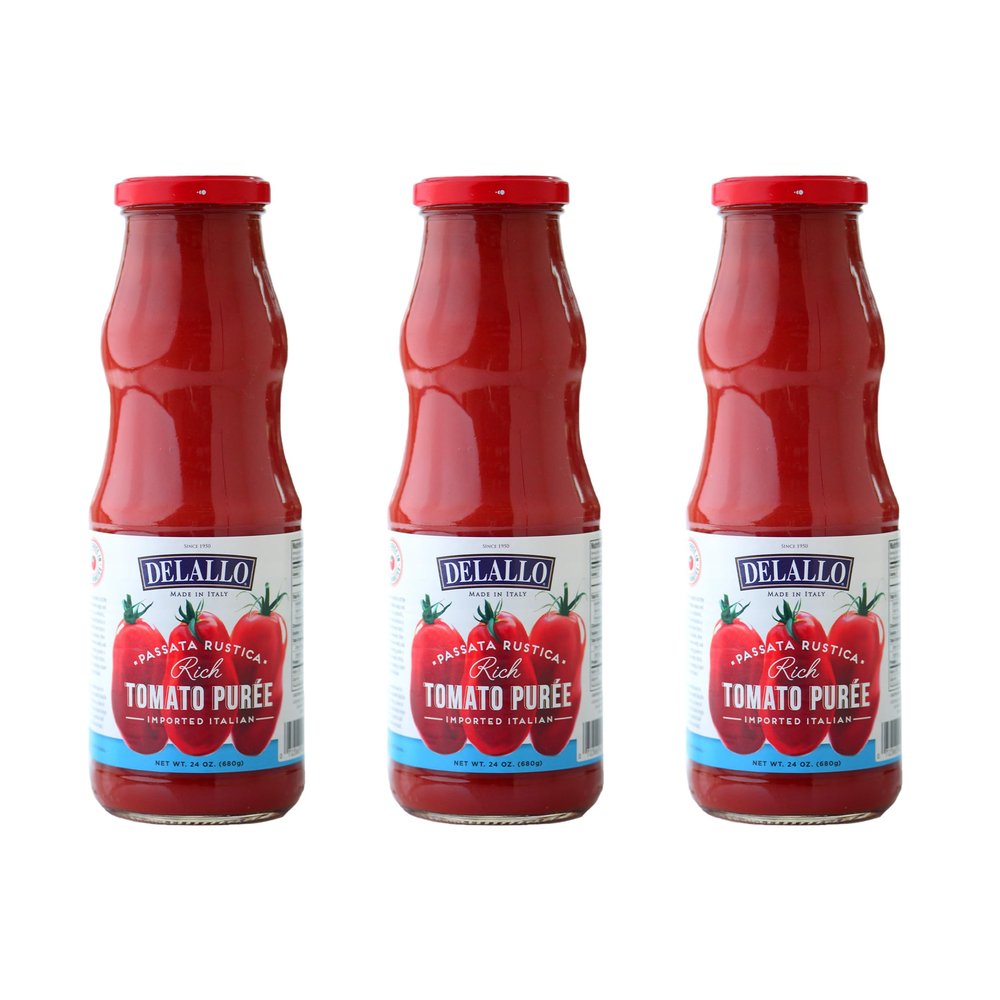 DeLallo Tomato Passata, Rich Rustic Puree, Made in Italy, All Natural, Gluten Free, Kosher, Made with Italian Plum Tomatoes, Tomato Sauce for Pasta, Soups, and Stews, 24 oz. Jar, (3 Pack)