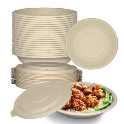24 oz Round Disposable Compostable Paper Bowls with Fiber Dome Lids - Heavy-Duty, Eco-Friendly Natural Bagasse Unbleached, Heat Resistant, 100% Biodegradable Salad Bowls Alternative to Plastic (400)