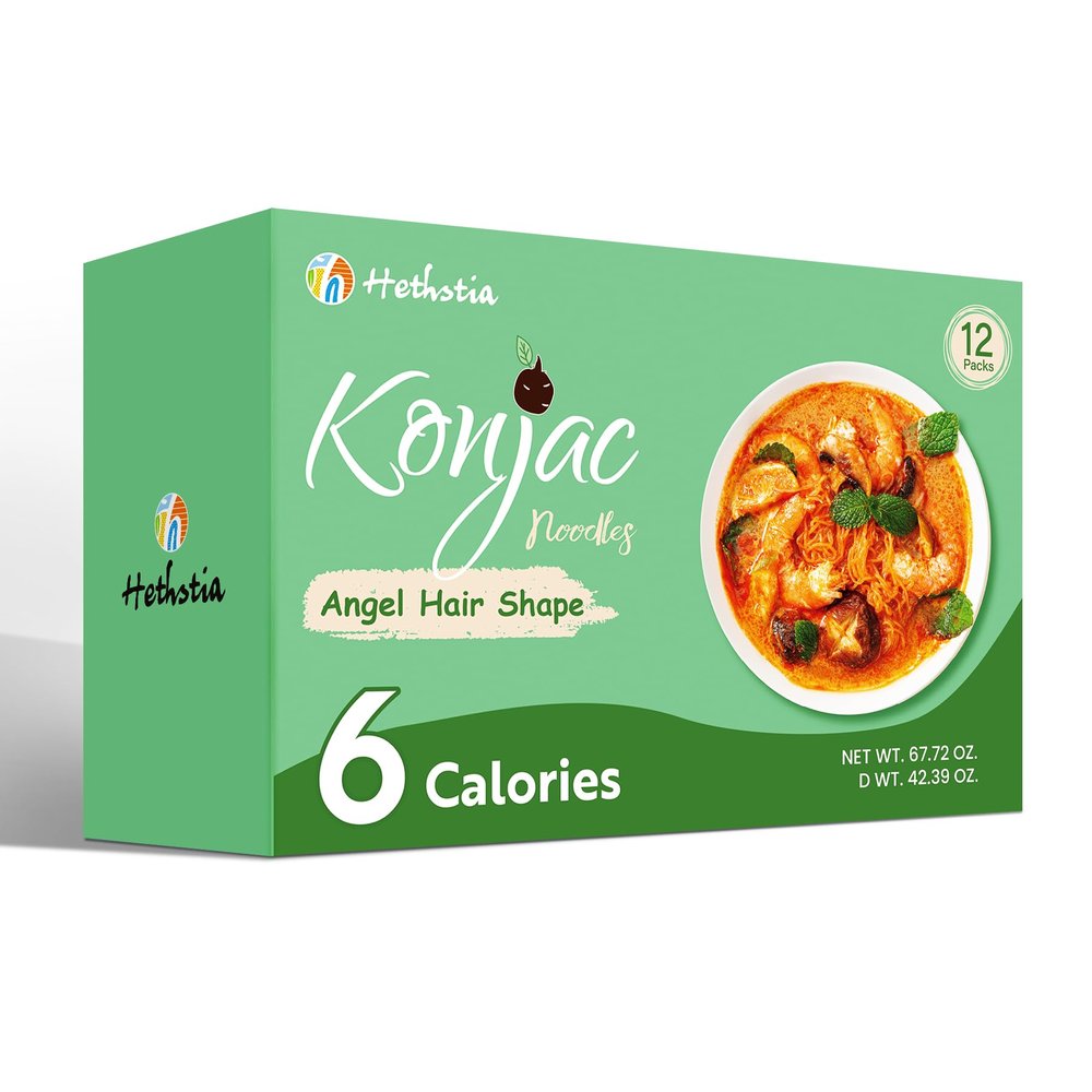 Hethstia Konjac Noodles Angel Hair, 12 Pack Shirataki Noodles, Low Calorie, Low Carb, Sugar-Free, Gluten-Free, Keto and Paleo Friendly, Vegan, Healthy Konjac Pasta
