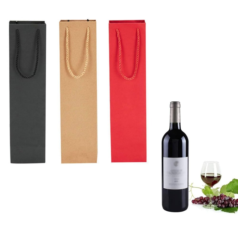 AISIBO 12 Pack Wine Gift Bag with Handles, Paper Wine Bottle Bags, Wine Brown Kraft Bags Retail bags for Christmas Housewarming Wedding Birthday Anniversary (Black, Red, Apricot)