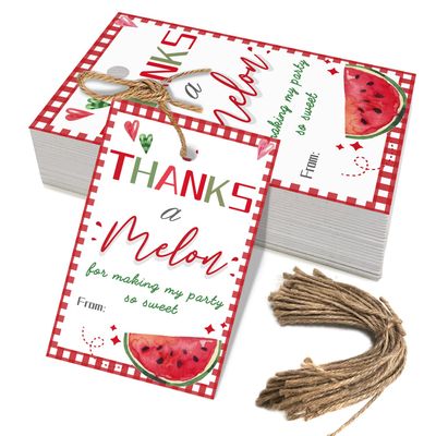50PCS Watermelon Thank You Tags, Thanks a Melon Gift Tag with String for Summer Watermelon First Birthday, Sweet Fruit Present Labels for One in a Melon Party Favors (red)
