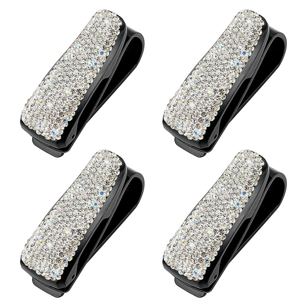 ANATTASOUL Sunglass Holder for Car Sun Visor, 4 pcs Glasses Holder Clip Hanger Eyeglasses Mount for Car with Bling Rhinestones Crystal Ticket Card Clip (Black)