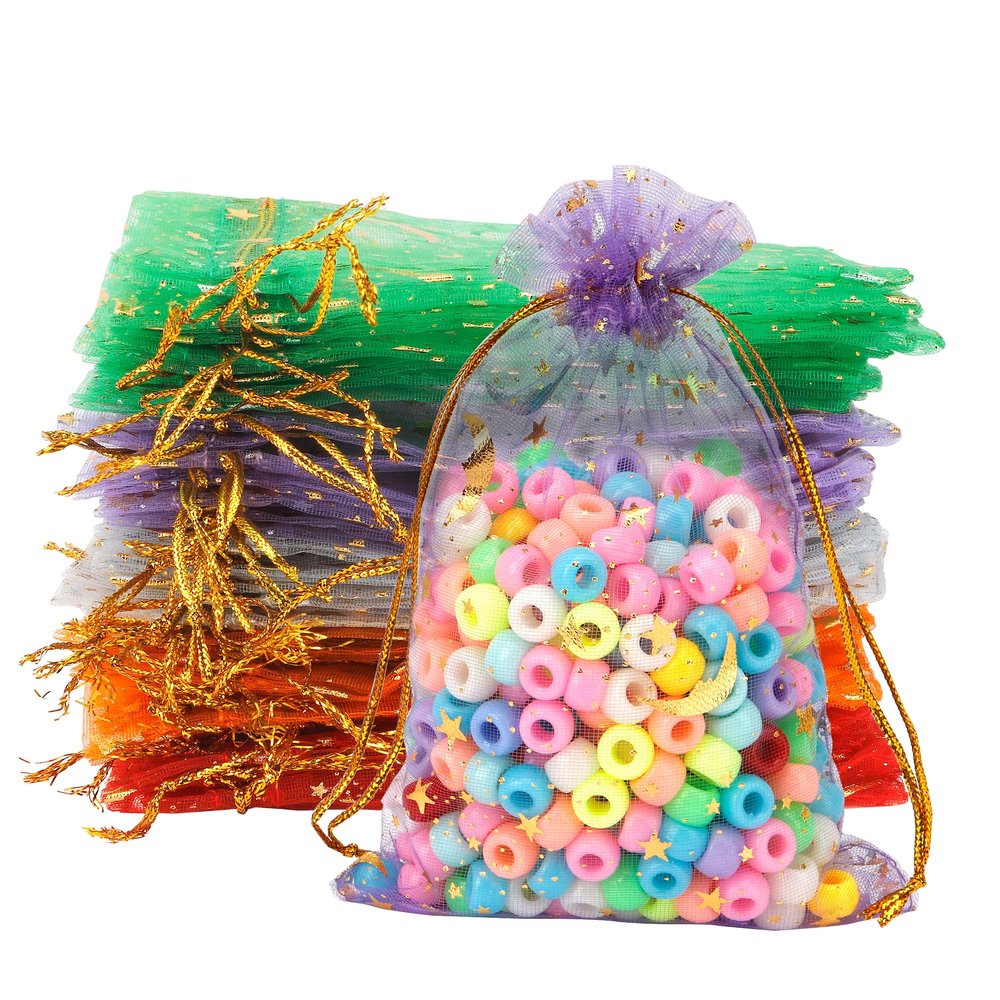 Moon Star Organza Bags 4x6, 50 Pcs Mesh Drawstring Gift Pouches for Wedding Favors, Candy, Party, Birthday, Festival, Soaps, Makeup, Wrapping Supplies