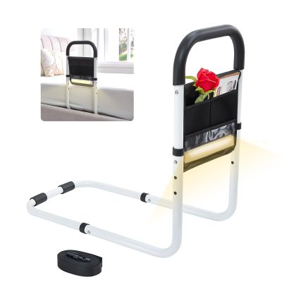 YJGH Bed Rails for Elderly Adults Safety, Bed Assist Rails for Seniors, Double Stabilizer Bars Design with Storage Pocket & Fall Prevention Guard, Fits King, Queen, Full, Twin Bed(with Light)