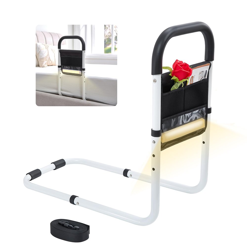 YJGH Bed Rails for Elderly Adults Safety, Bed Assist Rails for Seniors, Double Stabilizer Bars Design with Storage Pocket & Fall Prevention Guard, Fits King, Queen, Full, Twin Bed(with Light)