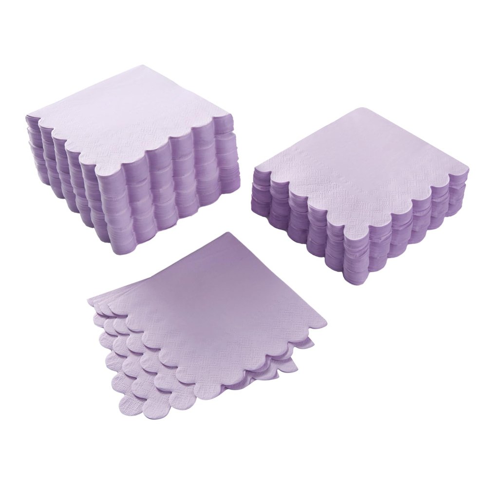 100 Pack Cocktail Napkin 2-Ply Scalloped Edged Dessert Napkins Folded 5 x 5 Inches Disposable Napkins for Dinner Wedding Birthday Party Bridal Anniversary Reception Event (Purple)