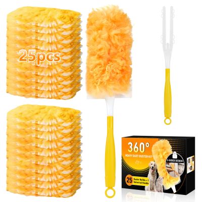 360 Duster Refills Kit for Swiffer Duster, 25 Pack & 1 Handle, Multi-Surface Dusters with 4X Microfibers. Efficient Duster Kit for Cleaning Pet Hair, Home, Office, Blinds, Furniture and More
