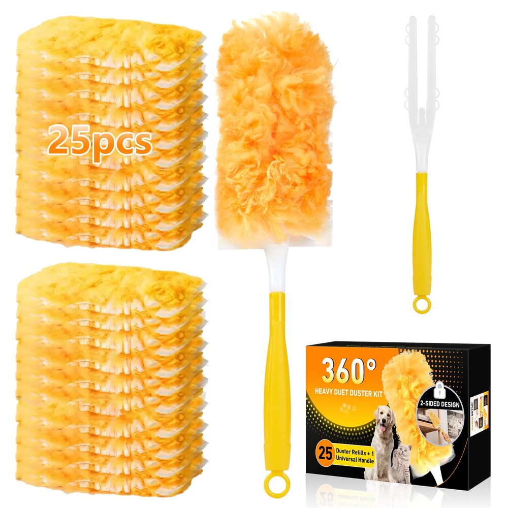 360 Duster Refills Kit for Swiffer Duster, 25 Pack & 1 Handle, Multi-Surface Dusters with 4X Microfibers. Efficient Duster Kit for Cleaning Pet Hair, Home, Office, Blinds, Furniture and More