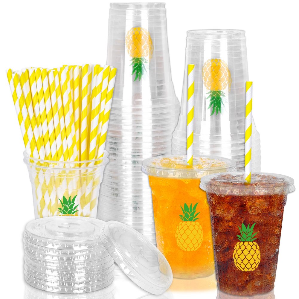 Whaline 50Pcs Pineapple Disposable Plastic Cups with Lids and Straws 12oz Party Cups Yellow Pineapple Cold Beverage Drinking Cups for Summer Fruit Birthday Party