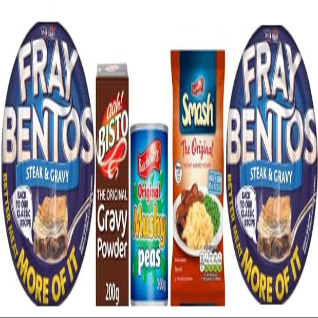 Generic *BRITISH GOODS* Meat Pie and Mash Classic Meal for 2. 2 x Fray Bentos Steak & Gravy Pies, 1 x Bisto Original Gravy Powder, 1 x Batchelors Original Creamy Mash 1x Batchelors Mushy Peas.