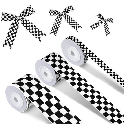 3 Rolls White Checkered Printed Ribbon Black Grosgrain Ribbon,0.4, 0.87, 1.5 Inch Wide, 15 Yards in Total, Car Theme Checkered Ribbon  for DIY Crafts Wreath Racing Car Party Wreath Decorations
