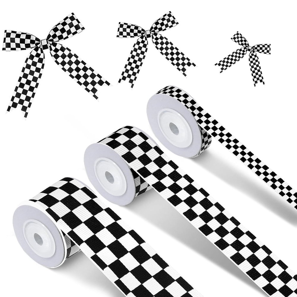 3 Rolls White Checkered Printed Ribbon Black Grosgrain Ribbon,0.4, 0.87, 1.5 Inch Wide, 15 Yards in Total, Car Theme Checkered Ribbon  for DIY Crafts Wreath Racing Car Party Wreath Decorations