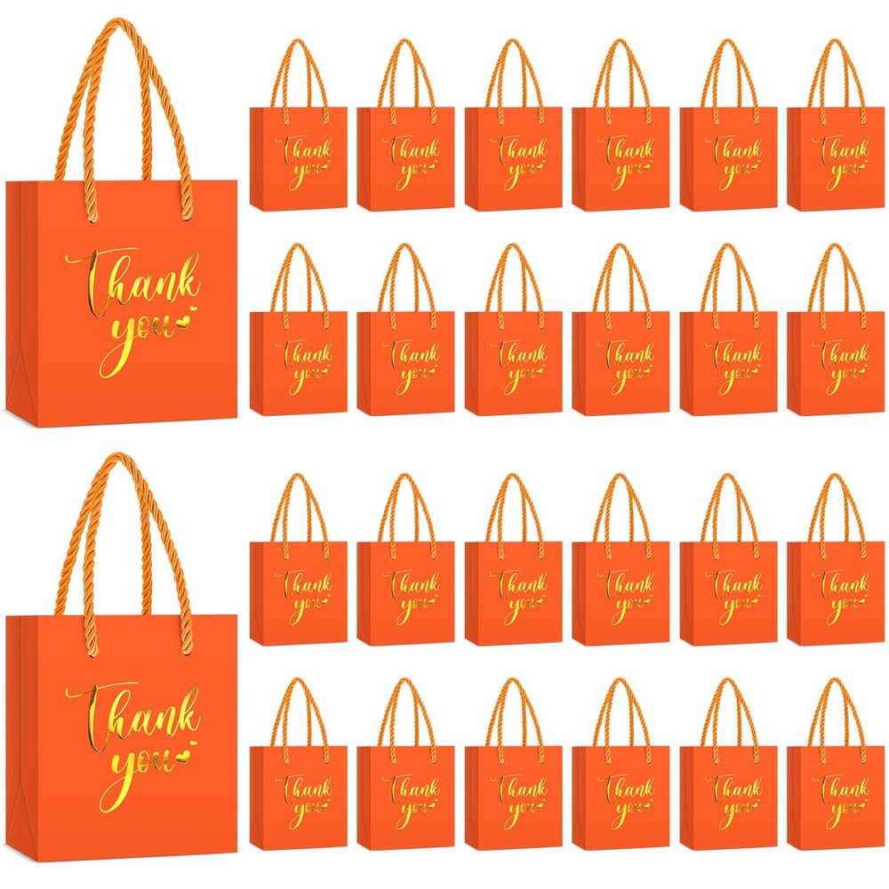 Honoson 30 Pcs Mini Gift Bag with Handle 4 x 2.75 x 4.5'' Small Thank You Bag Foil Paper Tote for Valentine's Day Wedding Baby Shower Birthday Graduation Party Favor Supplies(Orange/Gold)