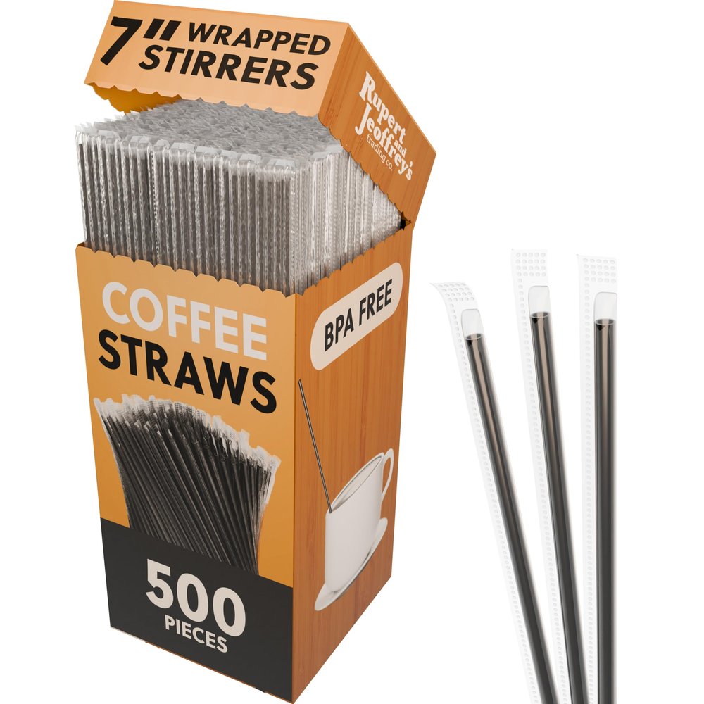 [500 Pcs] 7 Inch Individually Wrapped Black Coffee Stirrers Plastic Cocktail Straws