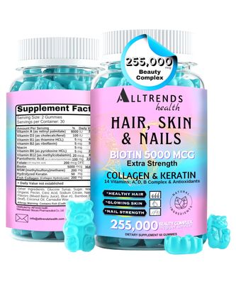 Alltrends Health Hair, Skin and Nails, Gummies Vitamins | Biotin 5000 mcg | Hydrolyzed Collagen 50 mg | Hydrolyzed Keratin 200 mg | Vitamins A,D,B Complex & Antioxidants | GMO-FREE | 60 Gummies.