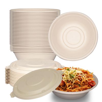 32 oz Round Disposable Compostable Paper Bowls with Fiber Dome Lids - Heavy Duty, Eco-Friendly Natural Sugarcane Bagasse, Heat Resistant, 100% Biodegradable Salad Bowls Alternative to Plastic (150)