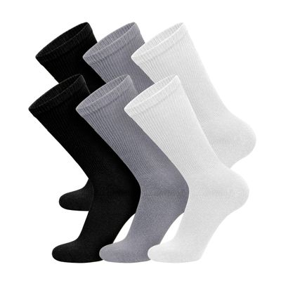 6 Pairs of Cotton Diabetic Non-Binding Neuropathy Crew Socks (Black, Gray, White, Fits Mens Shoe Size 8-10/Womens shoe size 9-11)