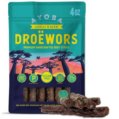 Ayoba Garlic & Herb Droewors Grass Fed Beef Paleo Sticks (4 Ounce, Pack of 1) - Keto Friendly, Air-Dried Beef Protein Snacks - Low Carb, Gluten Free, Nitrate Free, No Sugar, Meat Snacks