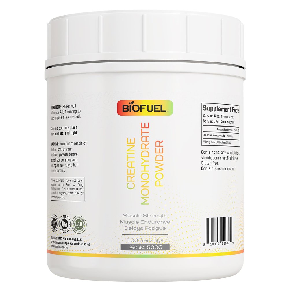 Biofuel Creatine Monohydrate Powder Enhances Muscle Building, Strength, and Performance 500g, 100 Servings