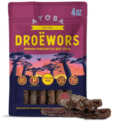 Ayoba Spicy Droewors Grass Fed Beef Paleo Sticks (4 Ounce, Pack of 1) - Keto Friendly, Air-Dried Beef Protein Snacks - Low Carb, Gluten Free, Nitrate Free, No Sugar, Meat Snacks