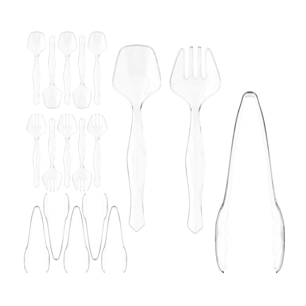 18 Pcs Clear Plastic Serving Utensils Set - 6 Clear Plastic Serving Spoons, 6 Tongs And 6 Forks - Heavy Duty Disposable Serving Utensils Set For Parties