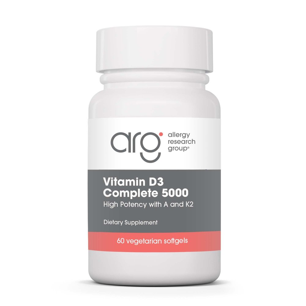 Allergy Research Group Vitamin D3 Complete 5000 - Delivers 125 mcg Vitamin D3 - with Vitamin A & K2 - Supports Bone Strength, Immune Balance & Healthy Mindset - 60 Servings - 60 Capsules