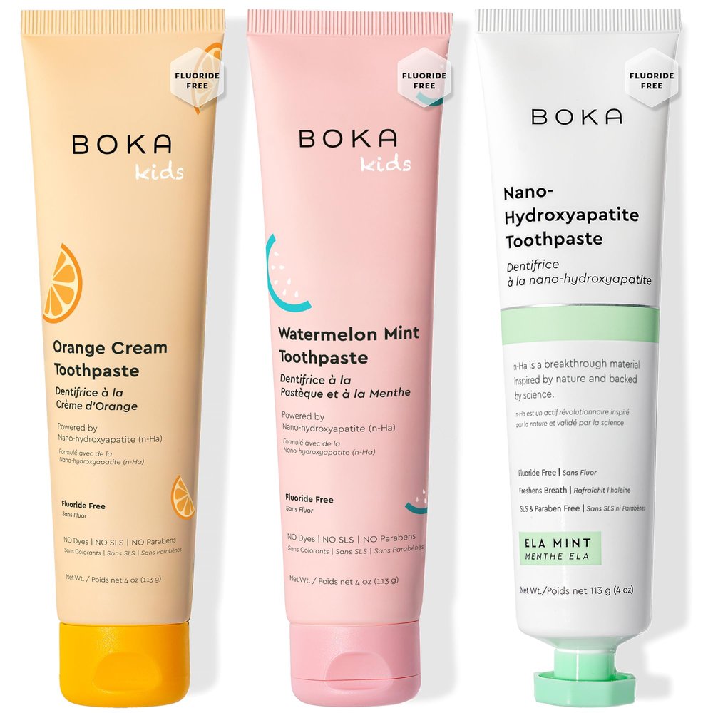 Boka Fluoride Free Toothpaste Nano Hydroxyapatite Toothpaste - Ela Mint, Orange Cream, Watermelon Mint Flavor, 4 oz 3Pk US Manufactured
