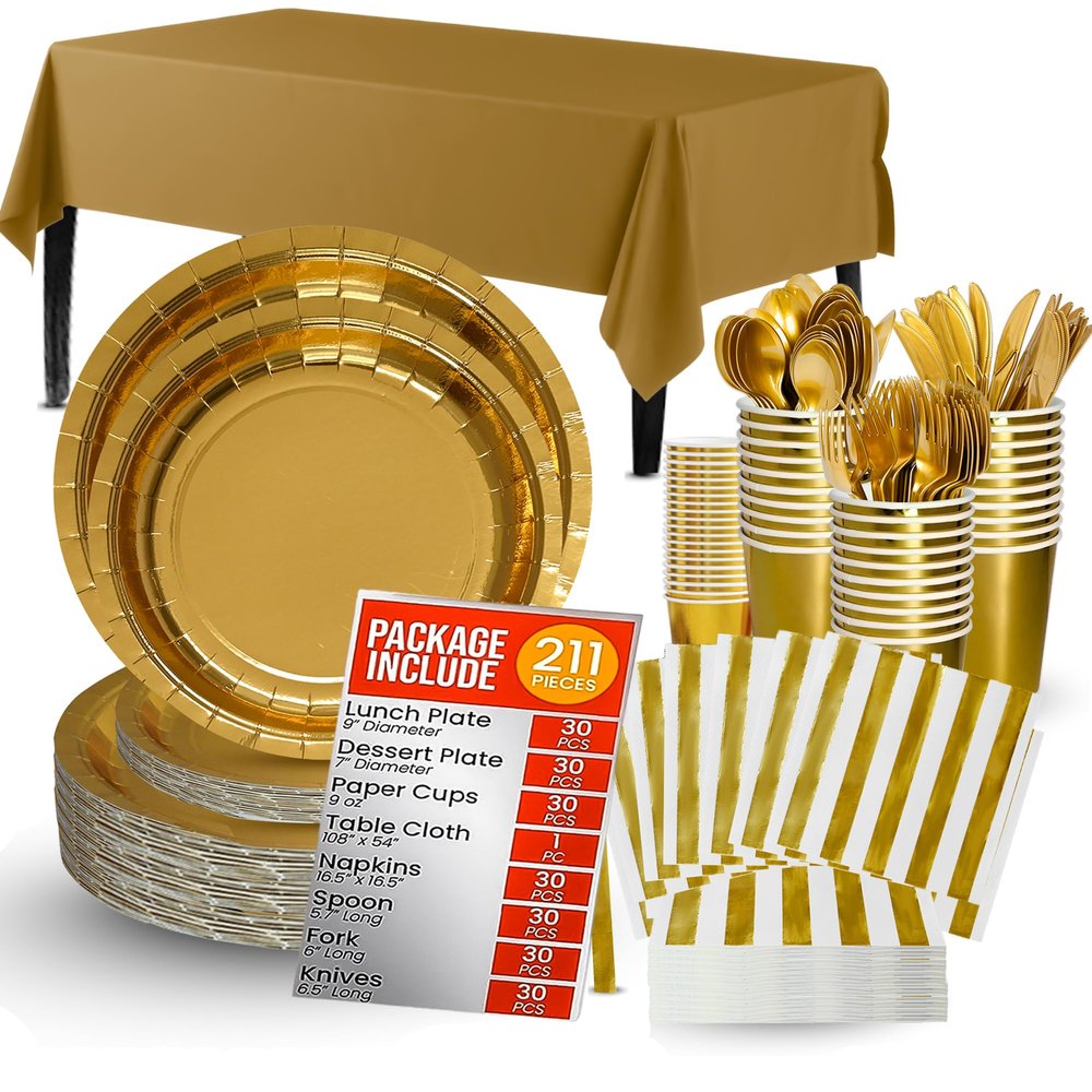 JUBI 211 PCS Shiny Gold Plates Set  Serves 30 Guests with Gold Disposable Dish Set, Cups, Napkins, Cutlery, and Tablecloth - Perfect for Holidays, Birthdays, and Weddings