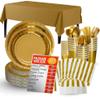 JUBI 211 PCS Shiny Gold Plates Set  Serves 30 Guests with Gold Disposable Dish Set, Cups, Napkins, Cutlery, and Tablecloth - Perfect for Holidays, Birthdays, and Weddings view 1