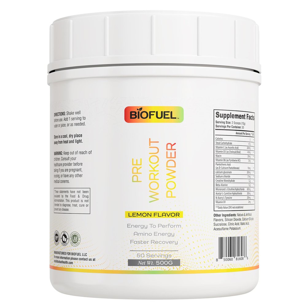 Biofuel Pre-Workout Powder  Enhances Amino Energy, Workout Performance, and Recovery  Natural Lemon Flavor, 500g, 50 Servings