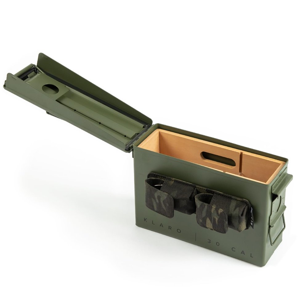 CASE ELEGANCE - The Smoke Can 30CAL Humidor, Thick Metal Ammo Box, Spanish Cedar Shelves, Army Green Finish, Magnetic Accessory Case - Holds 15-30 Cigars