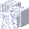 100 Pack Floral Napkins Blue White Floral Cocktail Napkins Blue White Floral Paper Napkins Blue Flower Napkins for Bridal Baby Shower Tea Party Blue White Floral Birthday Party Supplies Decor view 1