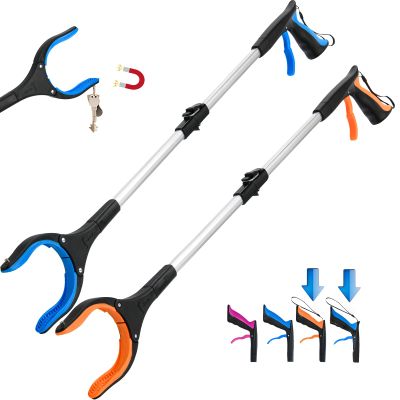 2-Pack Grabber Reacher Tool,32 Inch Extra Long Foldable Pick Up Stick with Buckle and Rope and with Strong Grip Magnetic,360Rotating Anti-Slip Jaw,Grabber Tool for Outdoor & Indoor (Blue&Orange)