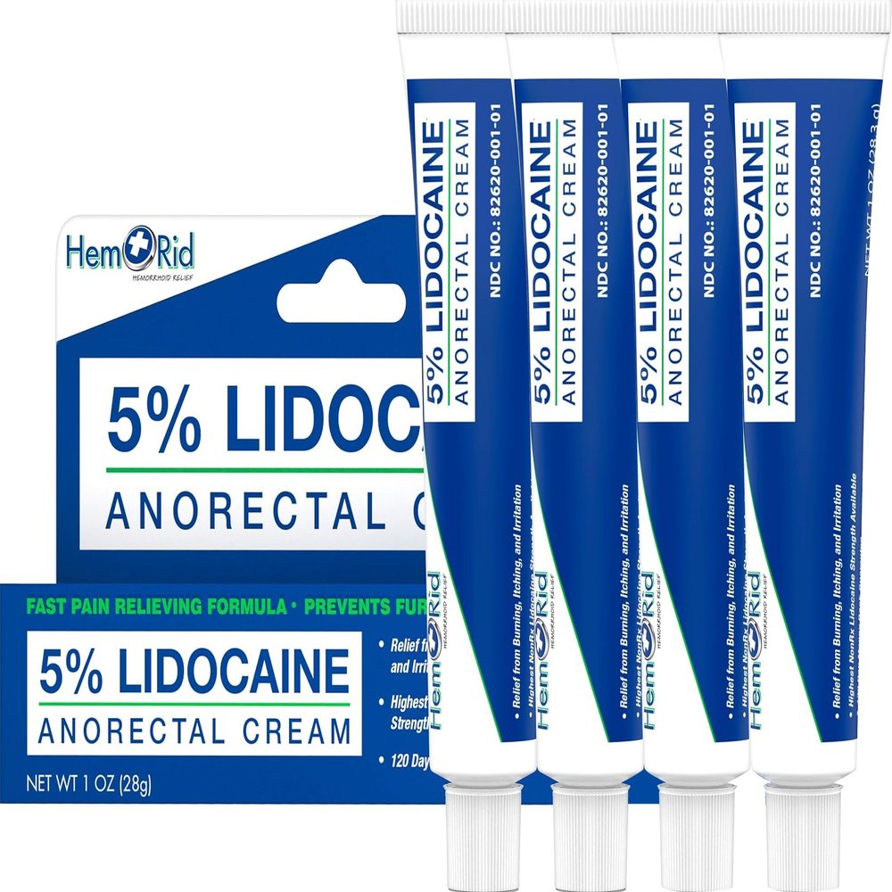 HemRid Maximum Strength Lidocaine Cream for Pain Management. Fast-Acting Hemorrhoid Solution with 5% Lidocaine. Instant Anal Itch and Numbing Effect - 4 Pack
