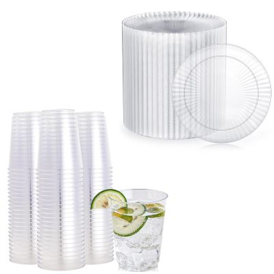 FOCUSLINE 100 Count 7 Inch Clear Plastic Plates & 100 Count 10 oz Clear Plastic Cups, Heavy Duty Plastic Dessert Plates and Fancy Disposable Clear Cups for Weddings, Parties and Events